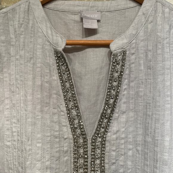 Chico's 2 (12/14) Embellished Rhinestones Tunic Top | Linen Blend, Light Gray - Picture 6 of 7